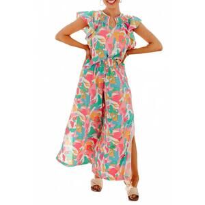 NEW LITTLE DAISY CLOSET floral ruffled sleeve top and smocked wide leg pants set